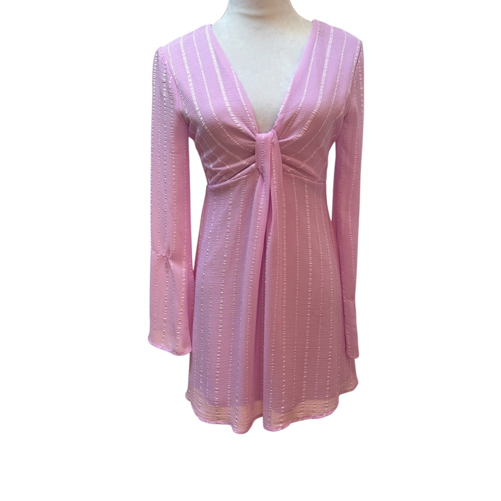 Lulus Pink Lavender Metallic Stripe Tie Front V-Neck Mini Dress XS Long Sleeve